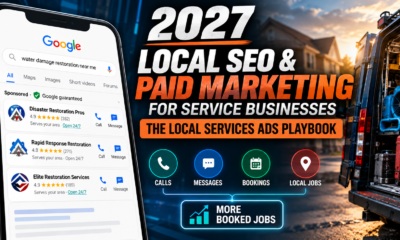 2027 Local SEO and paid marketing playbook featuring Google Local Services Ads, search results for restoration companies, lead generation, calls, bookings, and digital marketing strategies for service businesses.