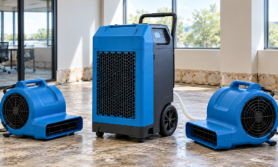 Close-up of a blue commercial dehumidifier flanked by two air movers in an office undergoing water damage restoration.
